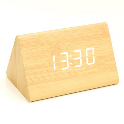 KH-WC006 Student Gift Small LED Digital Voice Control Desk Triangle Wooden Alarm Clock