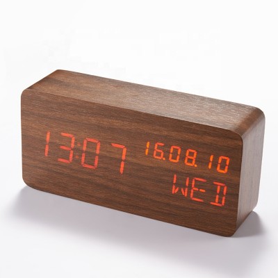 KH-WC004 China Custom Printed Bedside Desk Electronic Day Month Year LED Display Wooden Digital Calendar Alarm Clock for Kids