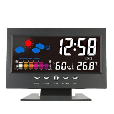 KH-CL001 Promotion Custom Household Plastic Large Color Screen TV Shape LCD Display Digital Weather Station Desk Alarm Clock