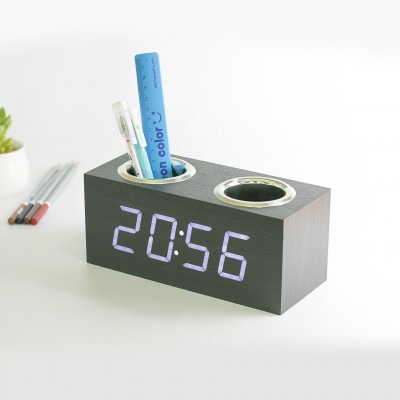 KH-WC011 Temperature Display Desktop Wooden Jumbo LED Digital Alarm Penholder Clock with Storage