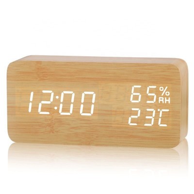 KH-WC005 CE RoHS Approve Eco Friendly Materials Indoor Temperature Humidity Wooden LED Digital Desktop Clock