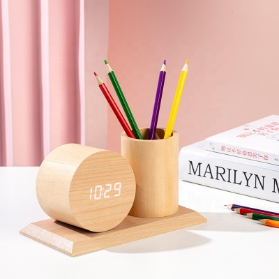 KH-WC075 Modern Electronic Sound Control LED Digital Desktop Temperature Display Desk Table Alarm Wooden Clock with Pen Holder