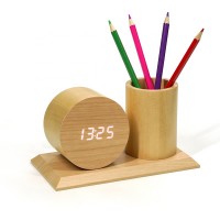 KH-WC075 Multifunctional Electronic LED Display Round Solid Wood Pen Holder Digital Desk Decorative Desktop Clock For Office