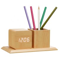 KH-WC009 CE RoHS Approved Office Electronic LED Display Temperature Wooden Decorative Digital Desktop Clock with Pen Holder