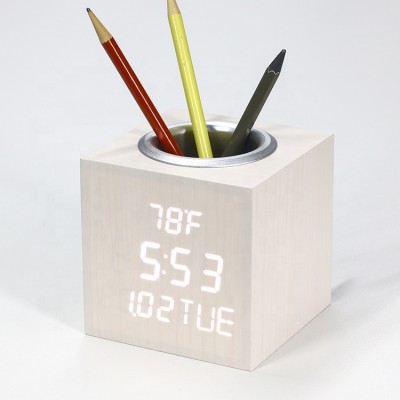 KH-WC012 Voice Control Desktop LED Wooden Digital Calendar Temperature Pen Holder Alarm Clock