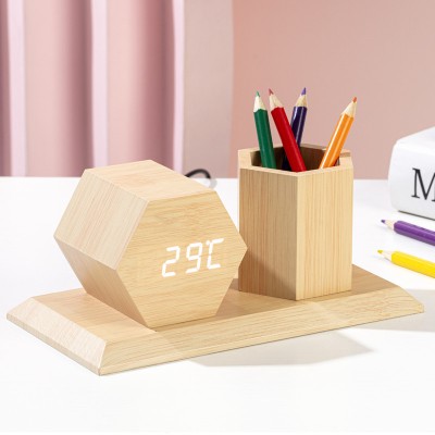 KH-WC077 China CE&Rohs Certified Office LED Electronic Digital Wooden Table Wholesale Alarm Clock with Hexagonal Pen Holder