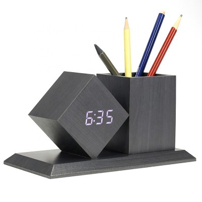 KH-WC010 Home Student Office Voice-activated Multifunctional Desktop Black Desk LED Alarm Wooden Digital Clock Pen Holder